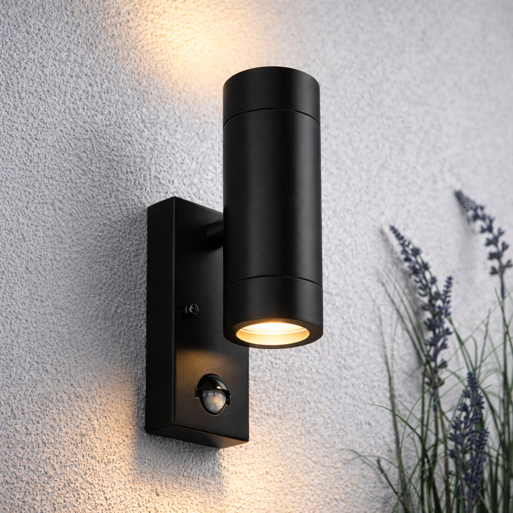 KEW Up / Down Outdoor Stainless Steel Garden Porch Wall Light | GU10 | IP44 | PIR Motion Sensor | Matte Black