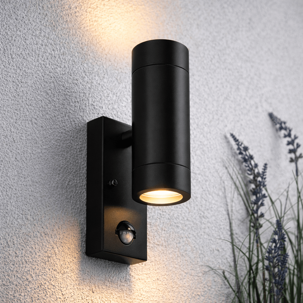 KEW Up / Down Outdoor Stainless Steel Garden Porch Wall Light | GU10 | IP44 | PIR Motion Sensor | Matte Black - LightHub Direct