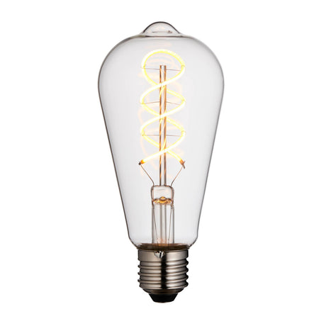 Clear light bulb with visible filament on a white background