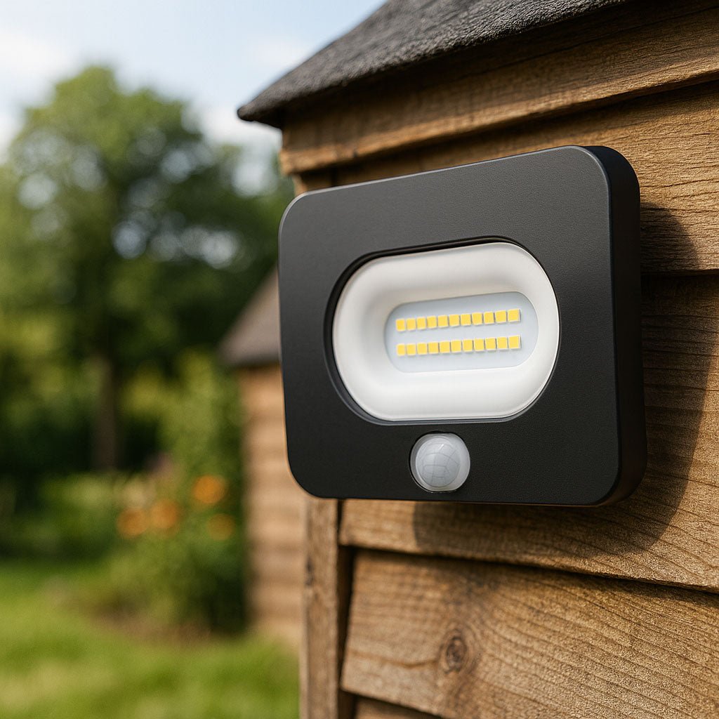 LED Mains Slim Flood Security Light | 10W 800lm 4000K | IP65 | Black | PIR Motion Sensor - LightHub Direct
