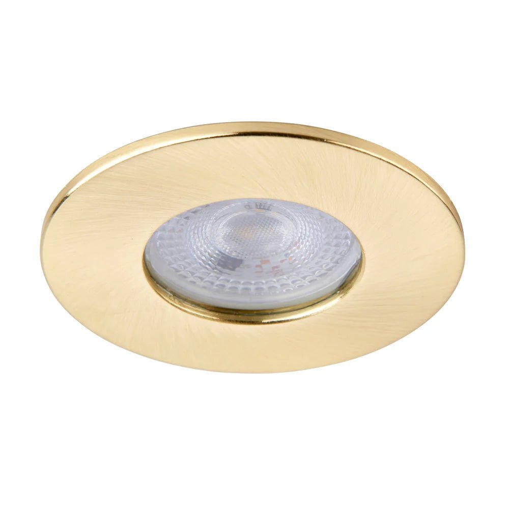 Smart WiFi RGB+CCT Fire Rated Downlight | Alexa & Google | GU10 IP65 | Brushed Satin Brass - LightHub Direct
