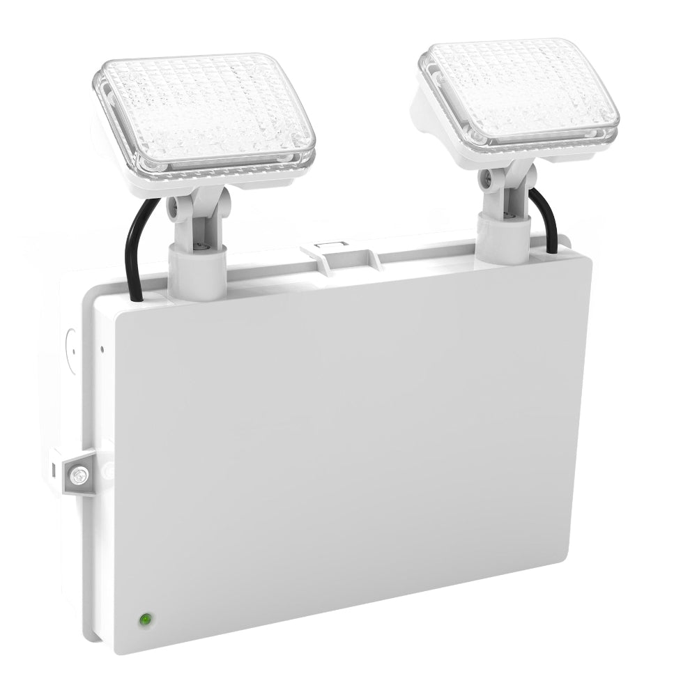 White LED emergency floodlight with two floodlights on a white background