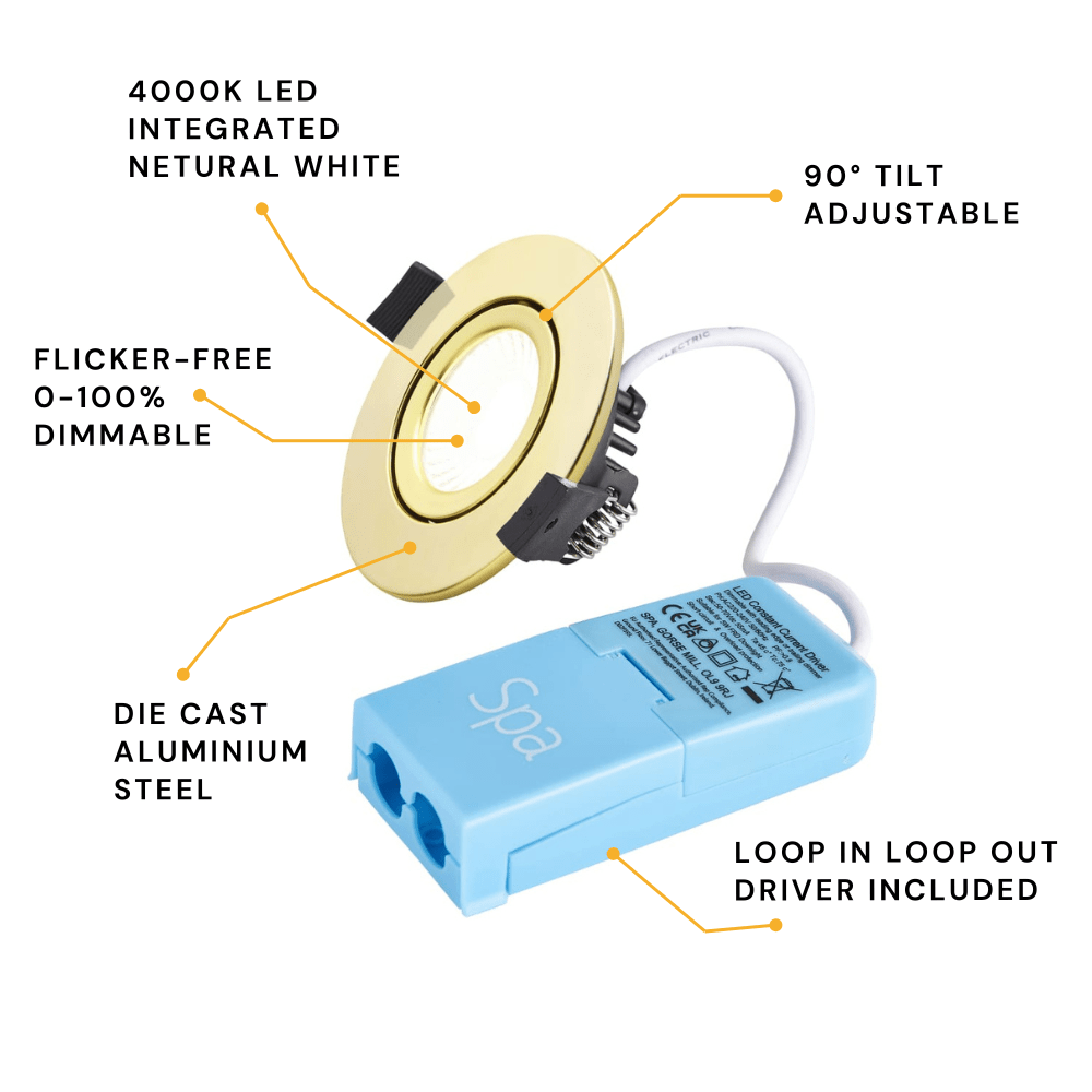 COMO | LED Slim Tilt Adjustable Fire Rated Downlight | Dimmable 5W 500lm | IP65 | 4000K Neutral White | Satin Brass - LightHub Direct