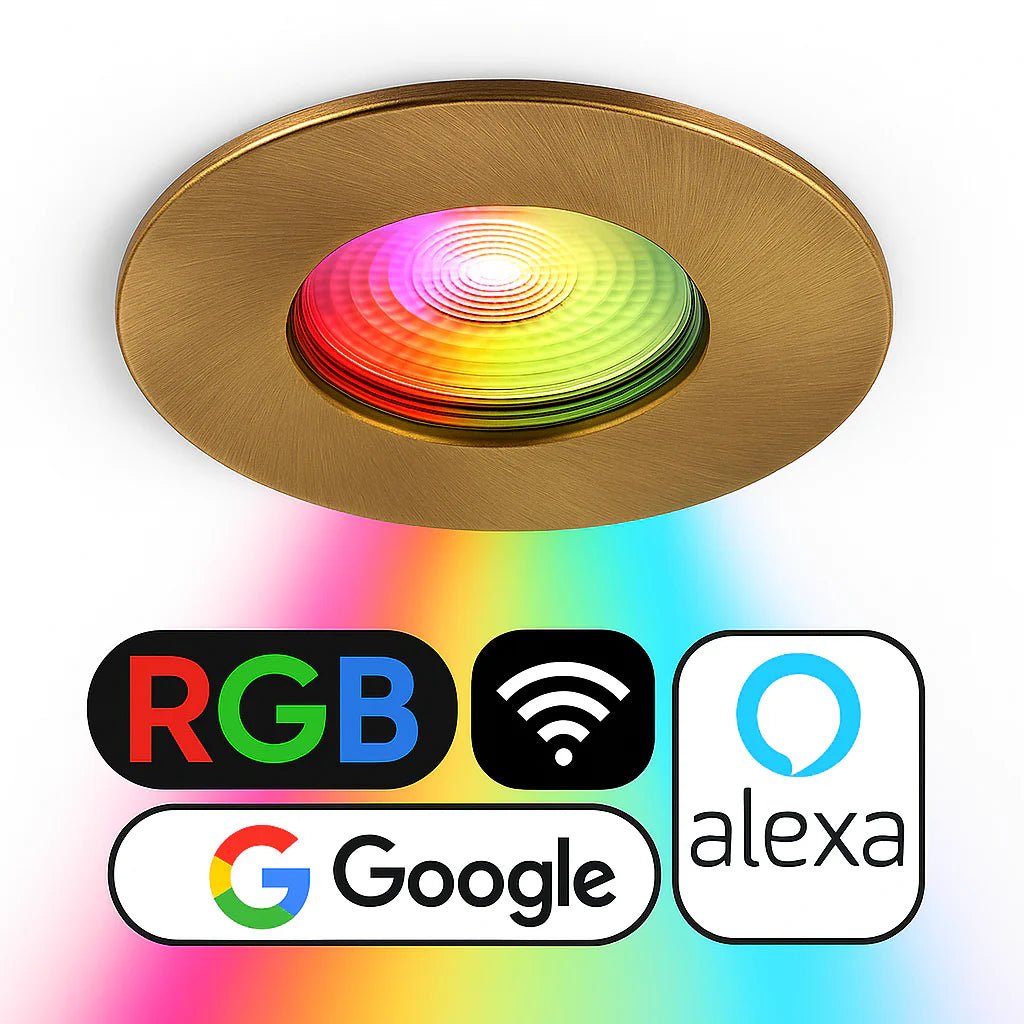Smart WiFi RGB+CCT Fire Rated Downlight | Alexa & Google | GU10 IP65 | Antique Brass - LightHub Direct