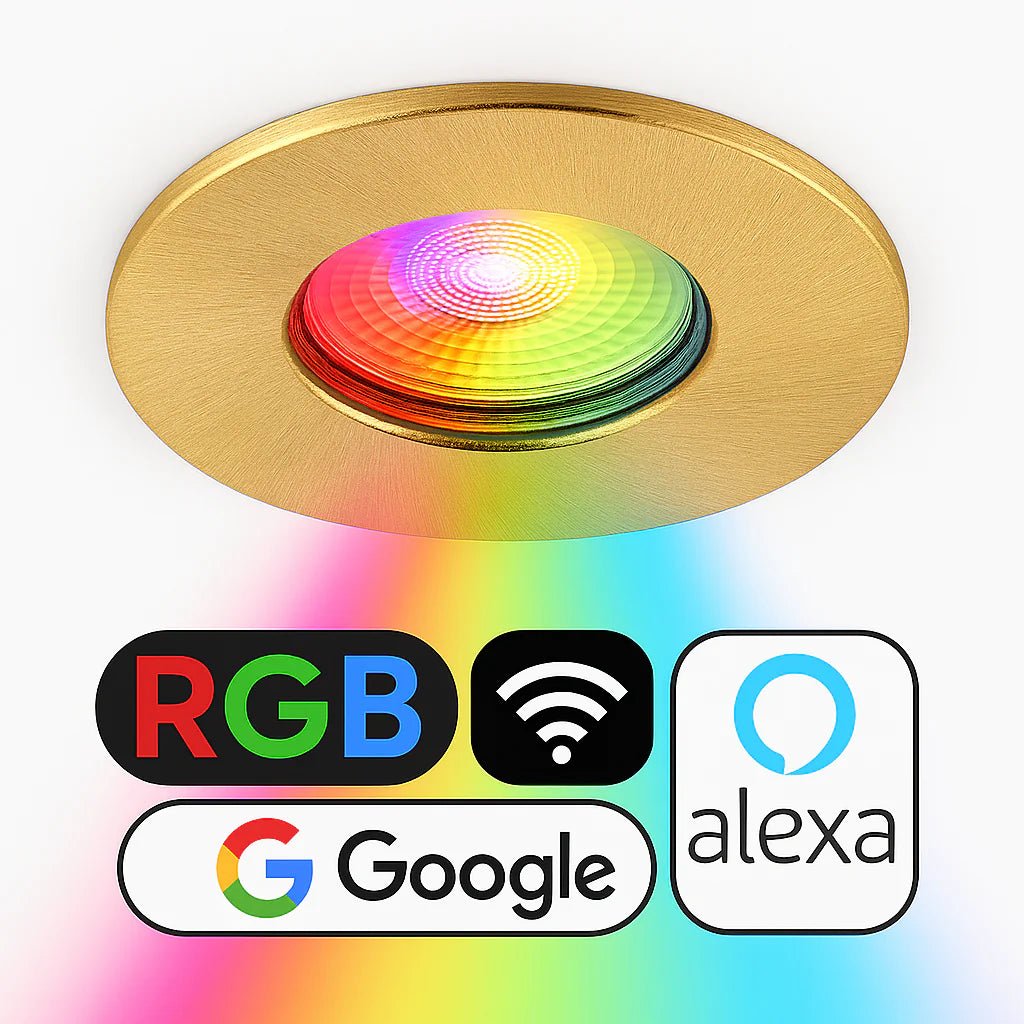 Smart WiFi RGB+CCT Fire Rated Downlight | Alexa & Google | GU10 IP65 | Brushed Satin Brass - LightHub Direct