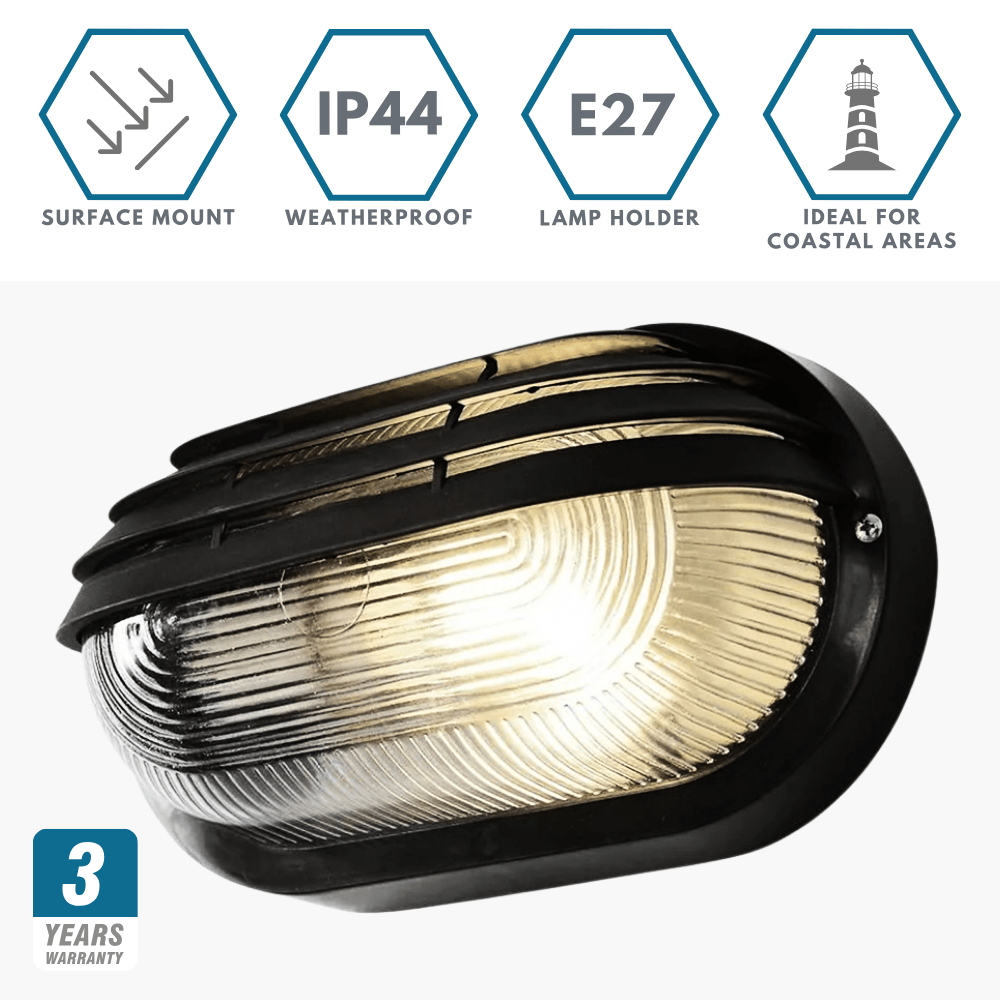 PUCK | Oval Bulkhead Outdoor Glass Wall Light Fitting | E27 | IP44 | Black Caged - LightHub Direct