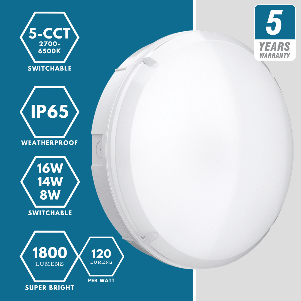 BALHAM PRO Drum Bulkhead Light Fitting | LED Multi Wattage | CCT 5 - Colour | IP65 | Microwave Motion Sensor - LightHub Direct