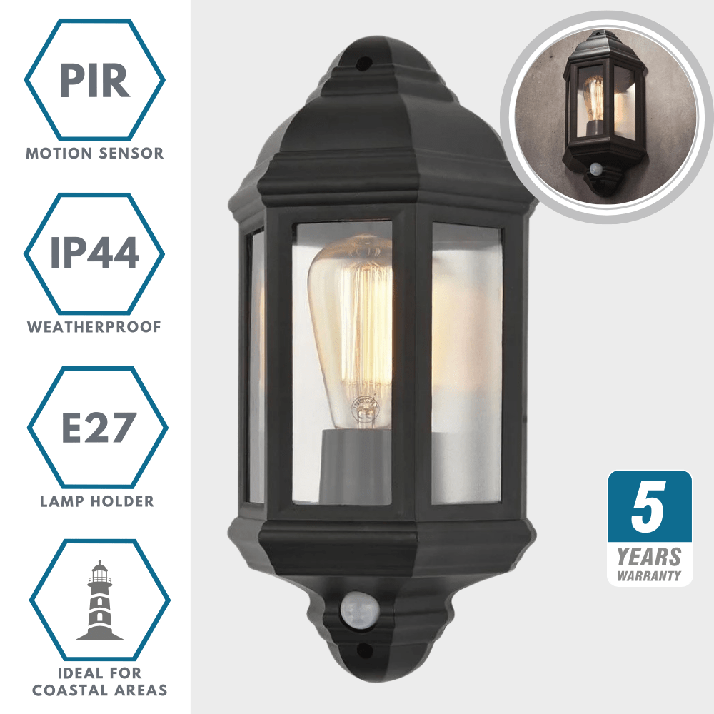 Outdoor Wall Porch Half Coach Lantern Light | E27 | IP44 | Black | PIR Motion Sensor - LightHub Direct