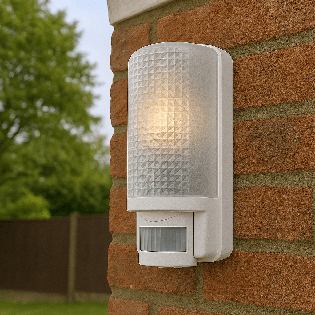 Outdoor Bulkhead Wall Light Fitting | LED CCT 8W E27 | CCT Tri - Colour | IP44 | PIR Motion Sensor | White - LightHub Direct