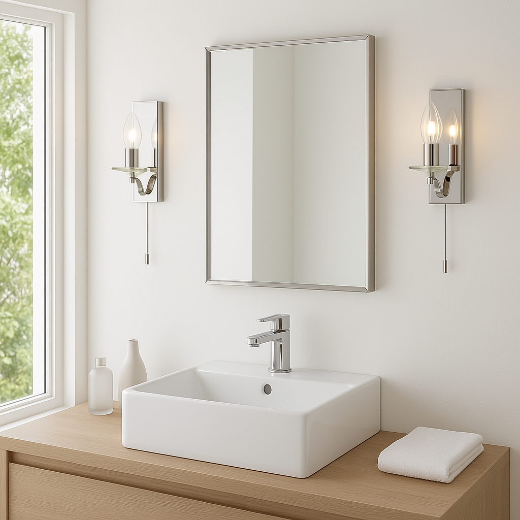 Bathroom Light Wall Semi-Flush Clear Glass Fitting with Pullcord |Switch | G9 | IP44 | Chrome