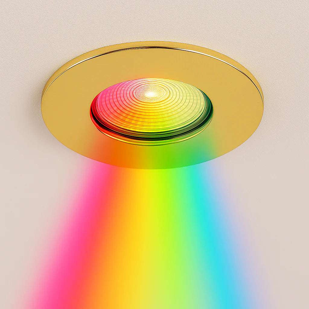 Smart WiFi RGB+CCT Fire Rated Downlight | Alexa & Google | GU10 IP65 | Polished Brass