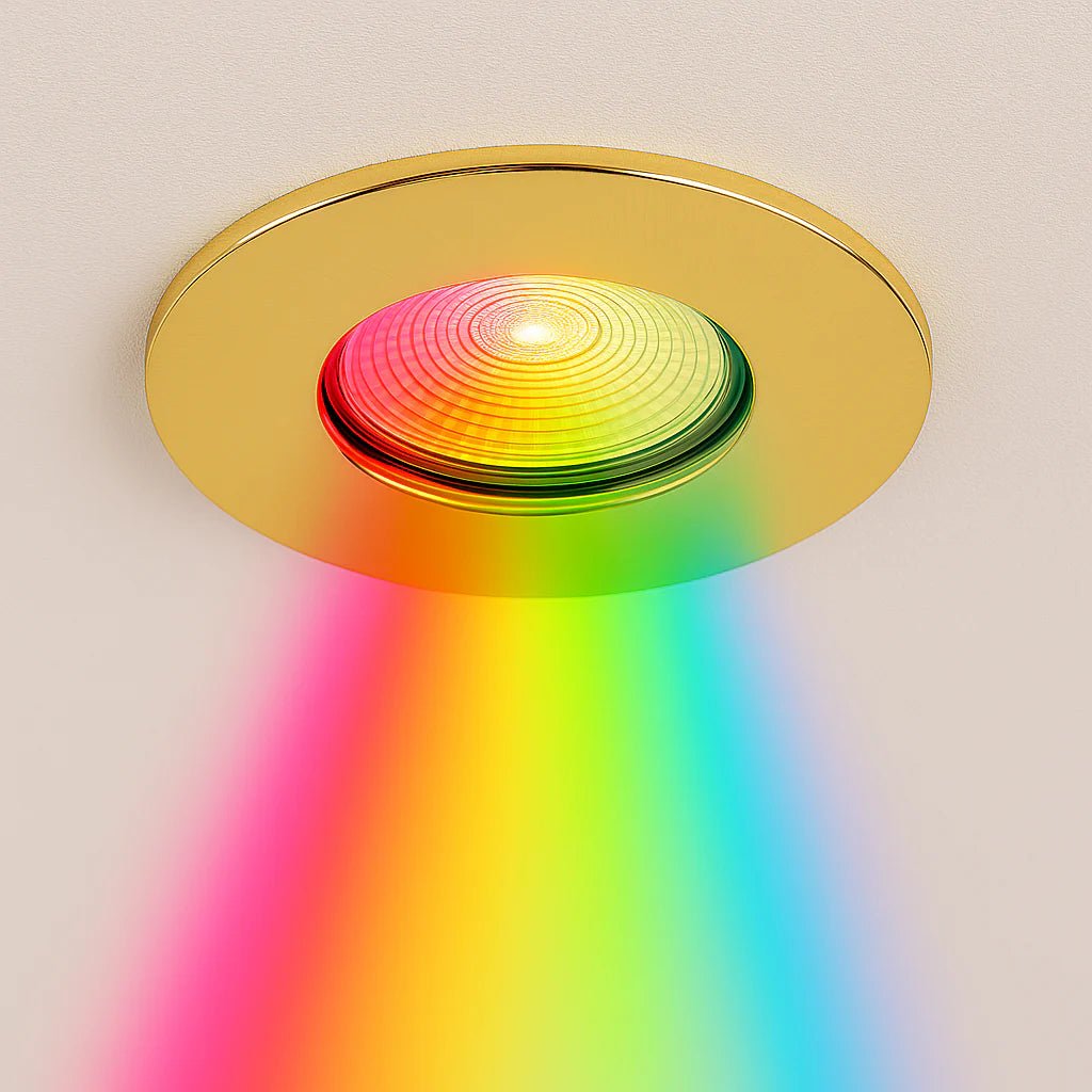 Smart WiFi RGB+CCT Fire Rated Downlight | Alexa & Google | GU10 IP65 | Polished Brass - LightHub Direct