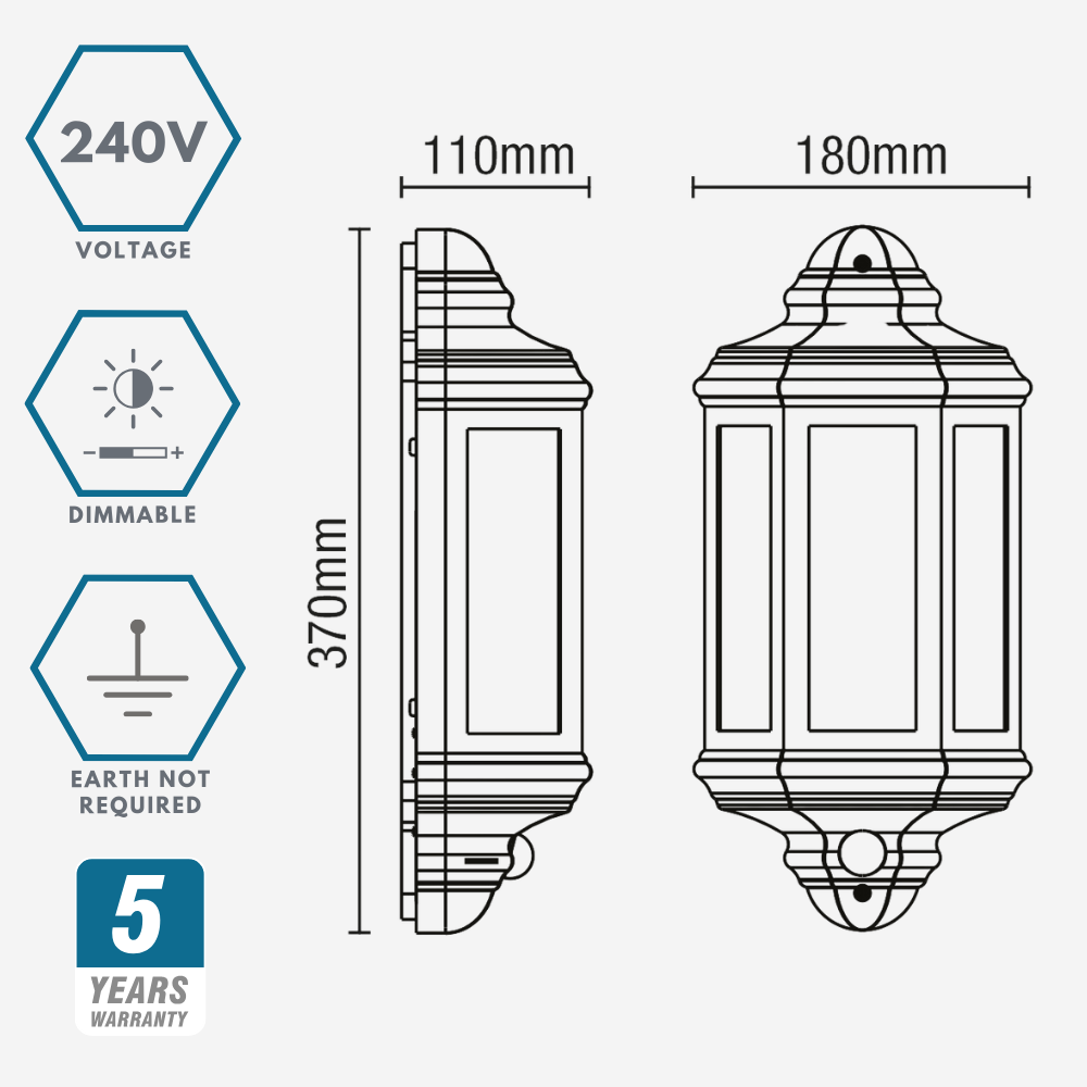 Outdoor Wall Porch Half Coach Lantern Light | E27 | IP44 | Black | PIR Motion Sensor
