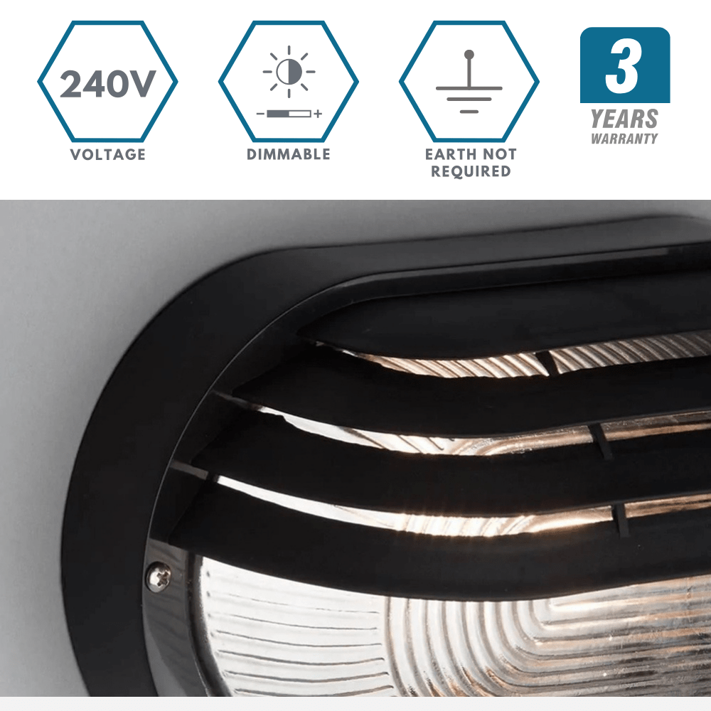 PUCK | Oval Bulkhead Outdoor Glass Wall Light Fitting | E27 | IP44 | Black Caged - LightHub Direct