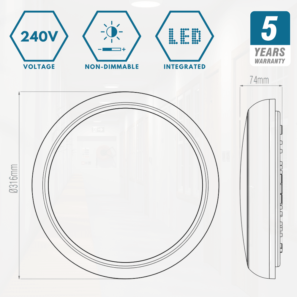 CE3X5 XL Large 400mm Slim Bulkhead Light | LED Multi Wattage 2800lm | Tri - Colour CCT | IP65 | Black | Corridor Sensor - LightHub Direct