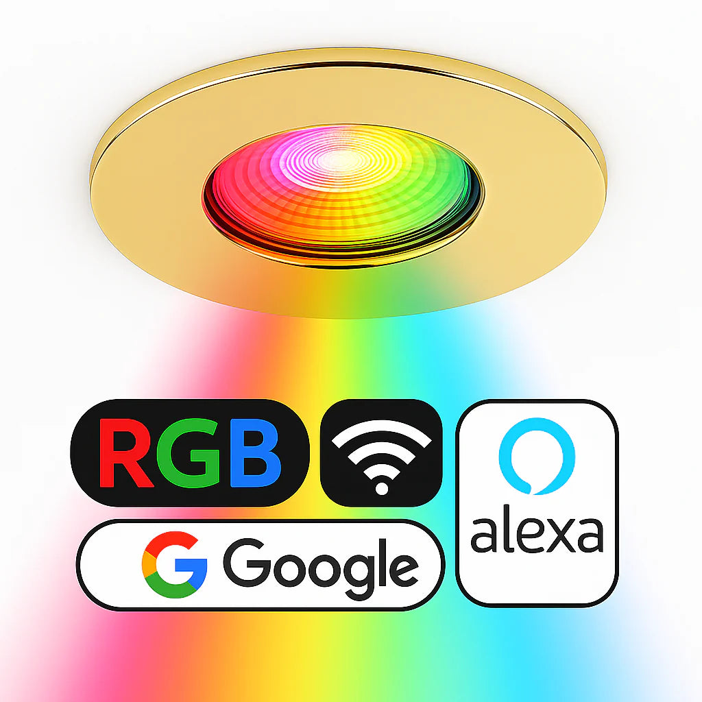 Smart WiFi RGB+CCT Fire Rated Downlight | Alexa & Google | GU10 IP65 | Polished Brass