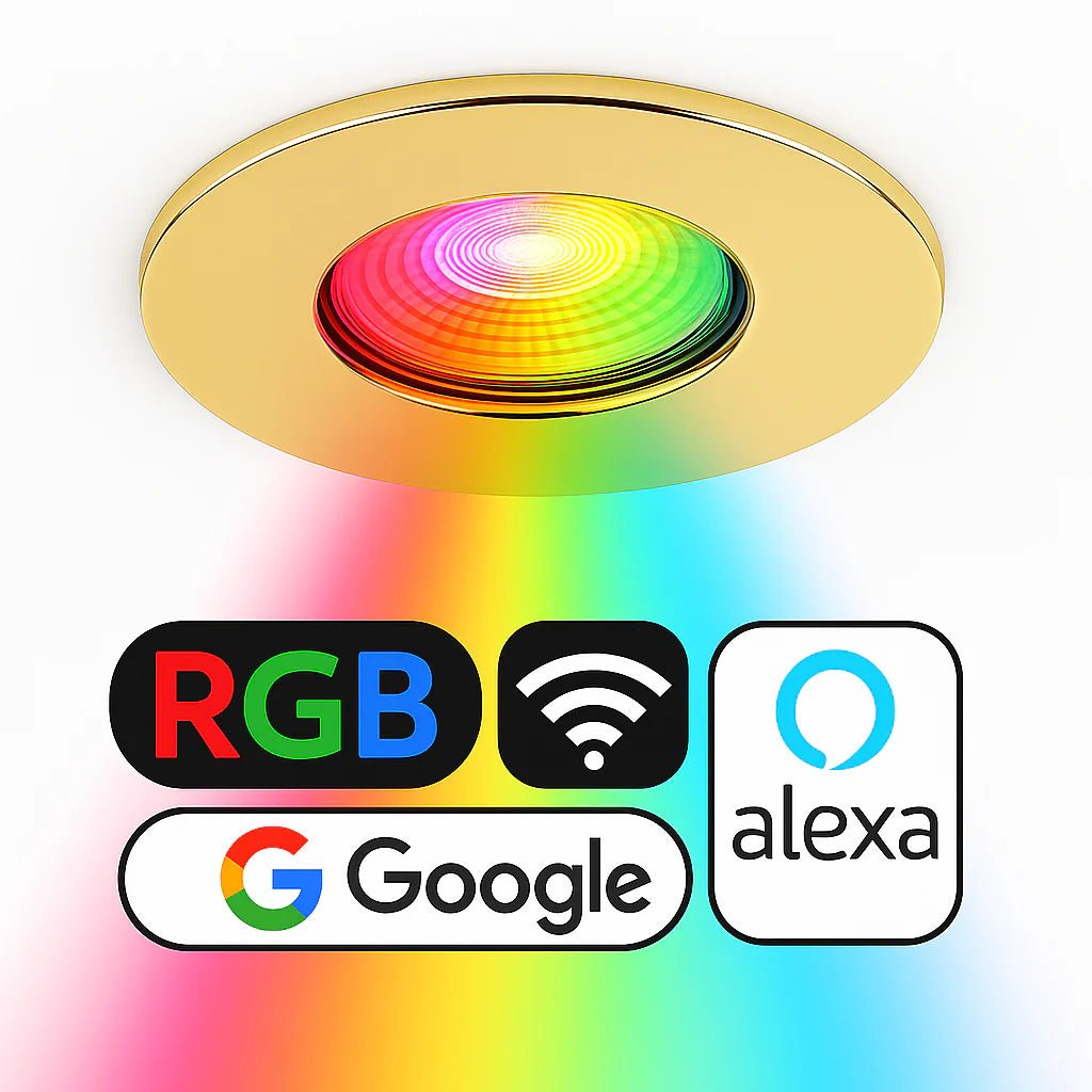 Smart WiFi RGB+CCT Fire Rated Downlight | Alexa & Google | GU10 IP65 | Polished Brass - LightHub Direct