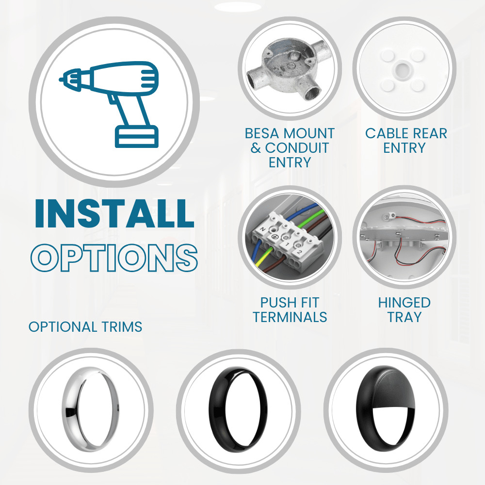 EUSTON CE3X5 | Round Bulkhead Light Fitting | LED Multi Wattage 8 - 16W | CCT 5 - Colour | IP65 | Corridor Sensor & Emergency | Black Eyelid - LightHub Direct