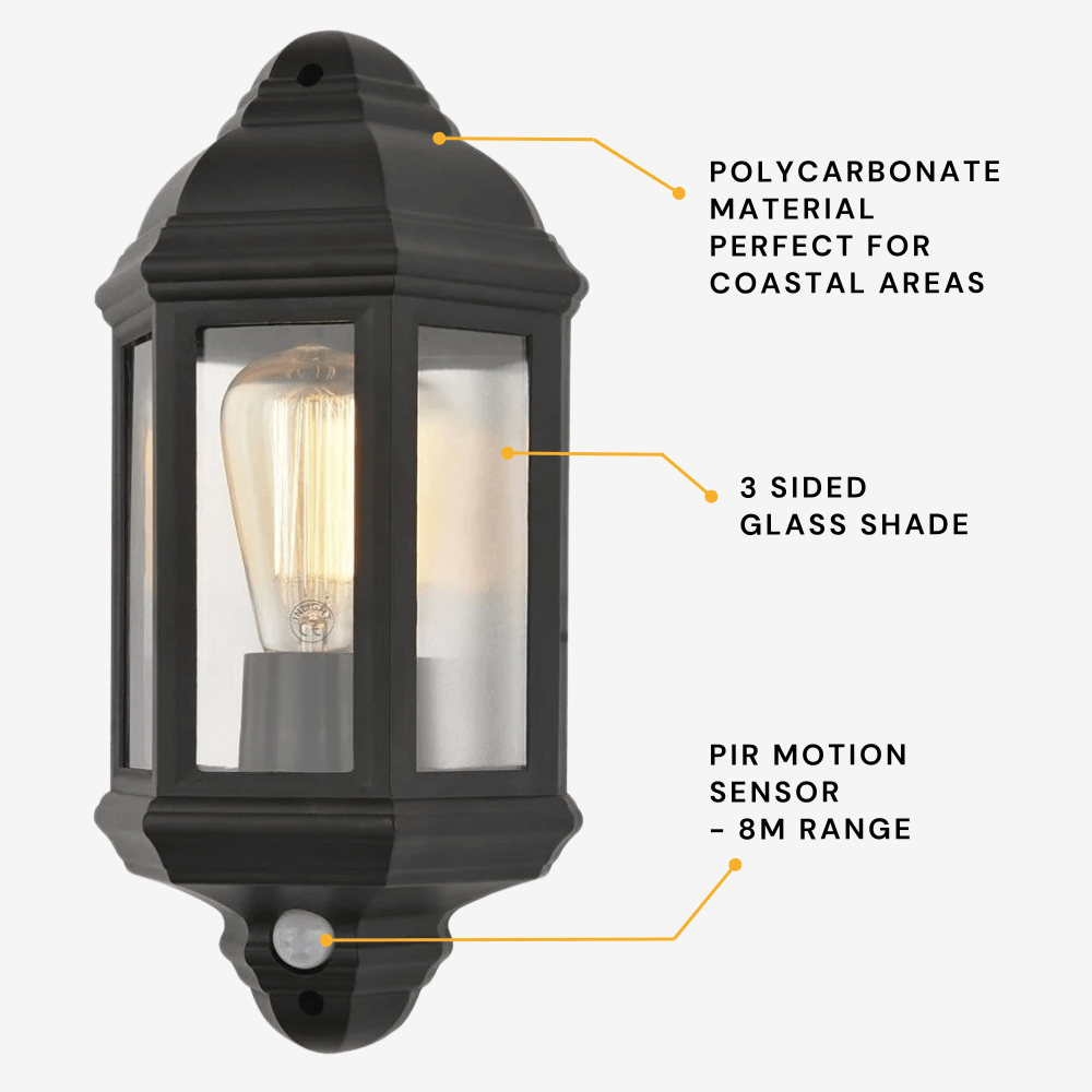 Outdoor Wall Porch Half Coach Lantern Light | E27 | IP44 | Black | PIR Motion Sensor - LightHub Direct