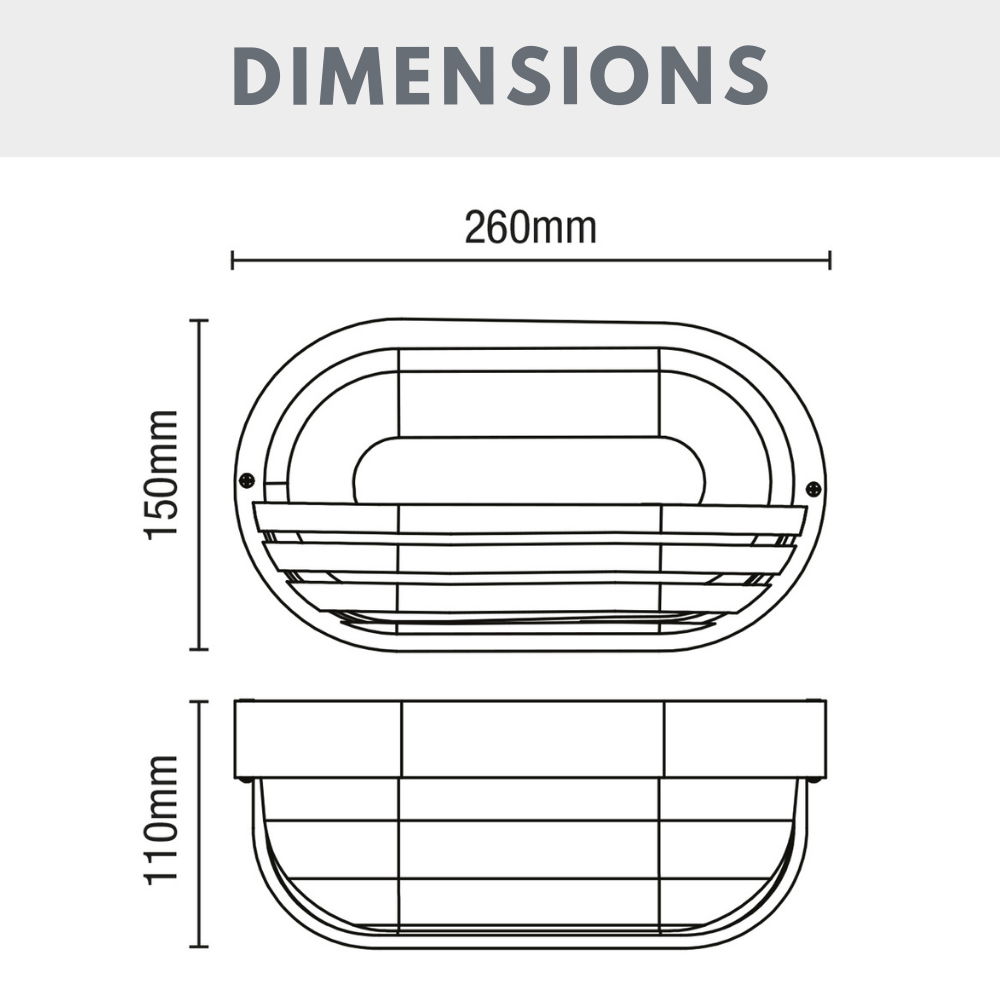 PUCK | Oval Bulkhead Outdoor Glass Wall Light Fitting | E27 | IP44 | Black Caged