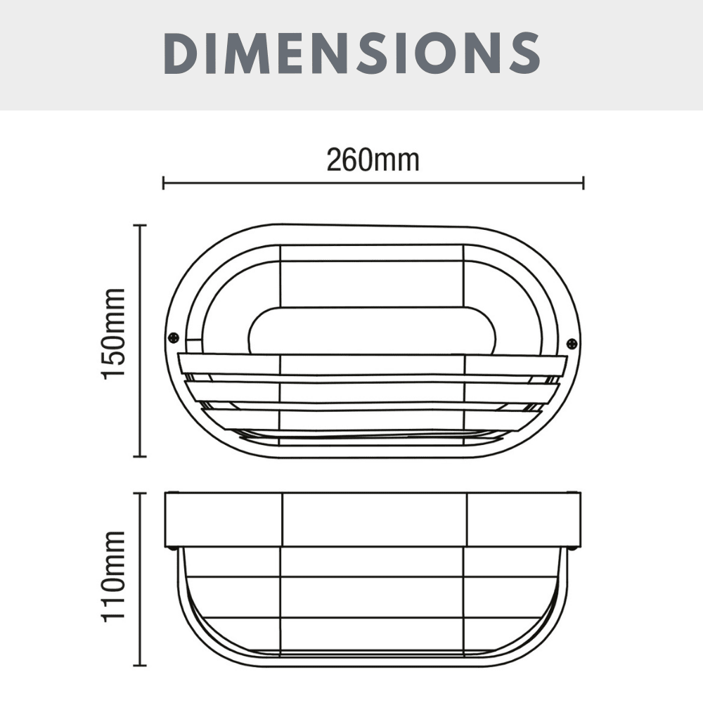 PUCK | Oval Bulkhead Outdoor Glass Wall Light Fitting | E27 | IP44 | Black Caged - LightHub Direct