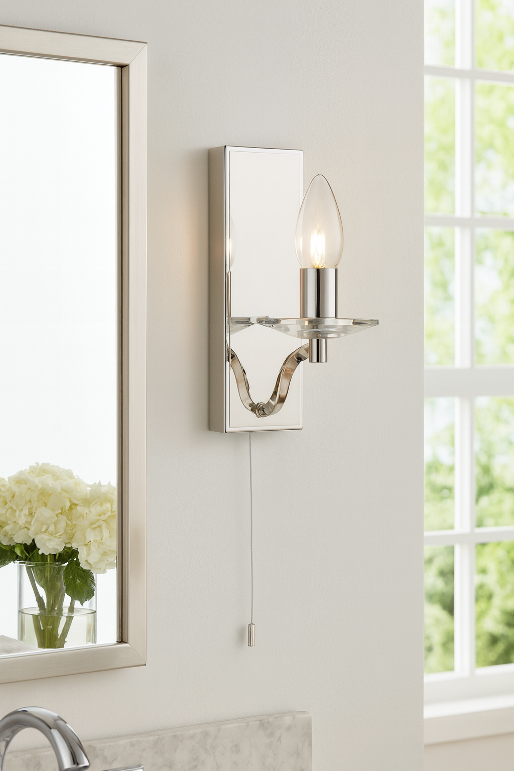 Bathroom Light Wall Semi-Flush Clear Glass Fitting with Pullcord |Switch | G9 | IP44 | Chrome