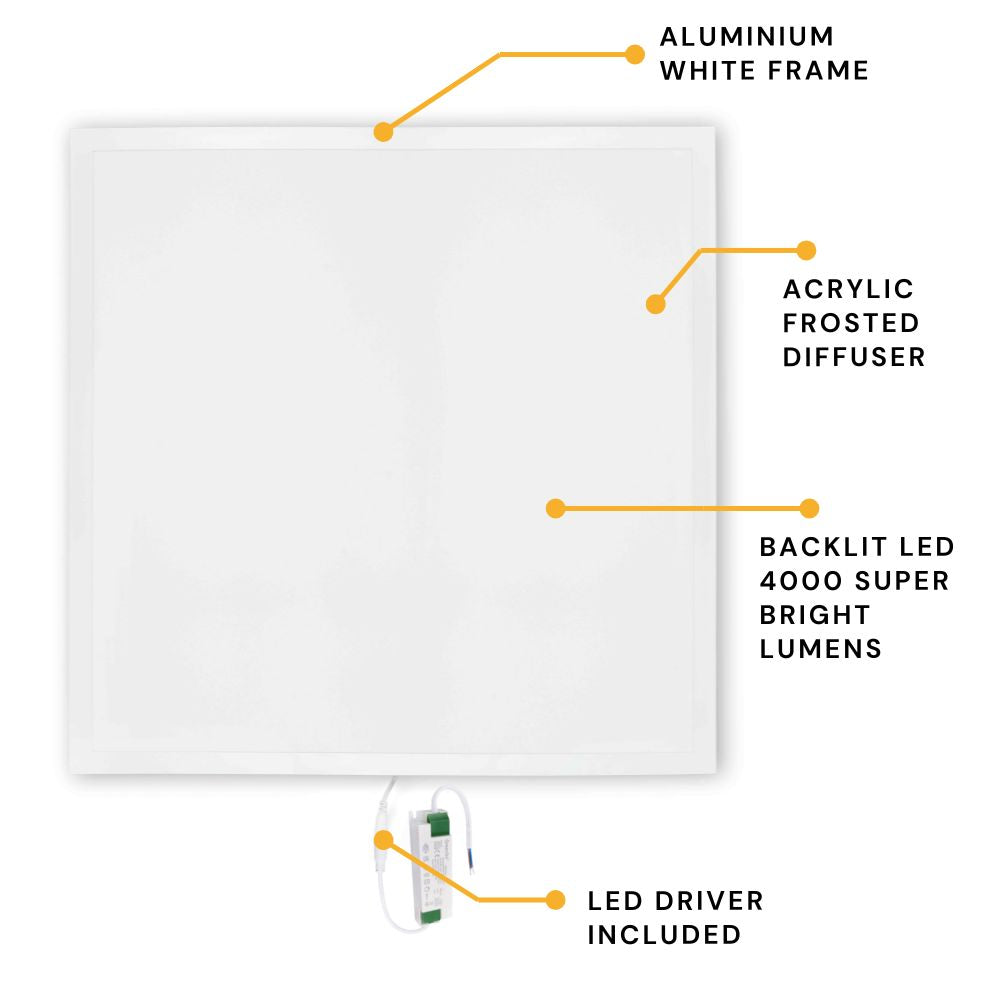 40W 600x600mm LED | Self Test Emergency Light Panel Recessed | 4000K Neutral White | Office Suspended Ceiling White