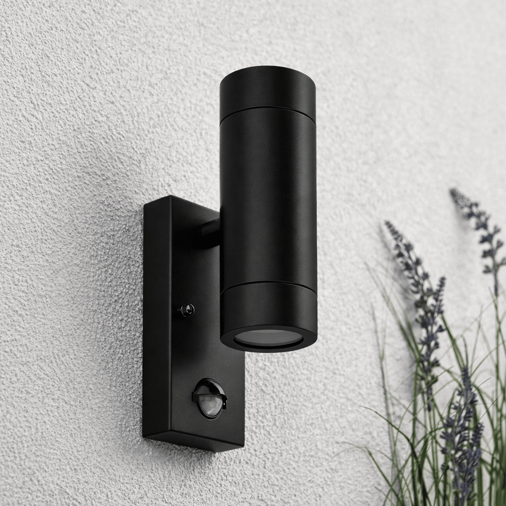 KEW Up / Down Outdoor Stainless Steel Garden Porch Wall Light | GU10 | IP44 | PIR Motion Sensor | Matte Black - LightHub Direct