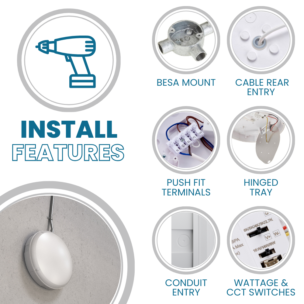 BALHAM PRO Drum Bulkhead Light Fitting | LED Multi Wattage | CCT 5-Colour | IP65 | Standard Model
