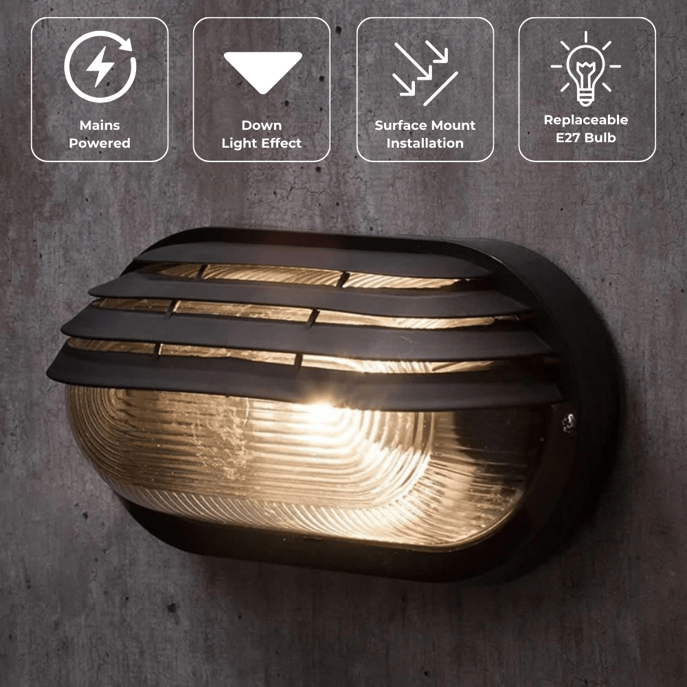 PUCK | Oval Bulkhead Outdoor Glass Wall Light Fitting | E27 | IP44 | Black Caged - LightHub Direct