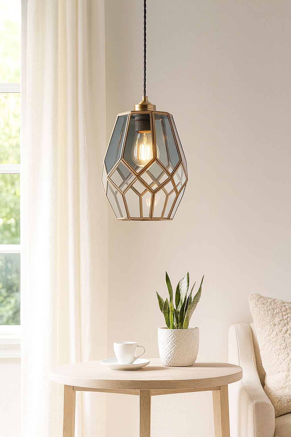 Ripley Cage Ombre Pendant Ceiling Light with Glass Panels | E27 | Antique Brass