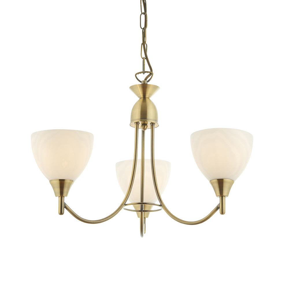 3 Light Ceiling Pendant Semi Flush Fitting with Opal Glass Shades | E27 | Antique Brass