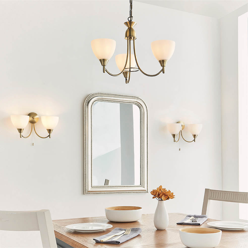 3 Light Ceiling Pendant Semi Flush Fitting with Opal Glass Shades | E27 | Antique Brass
