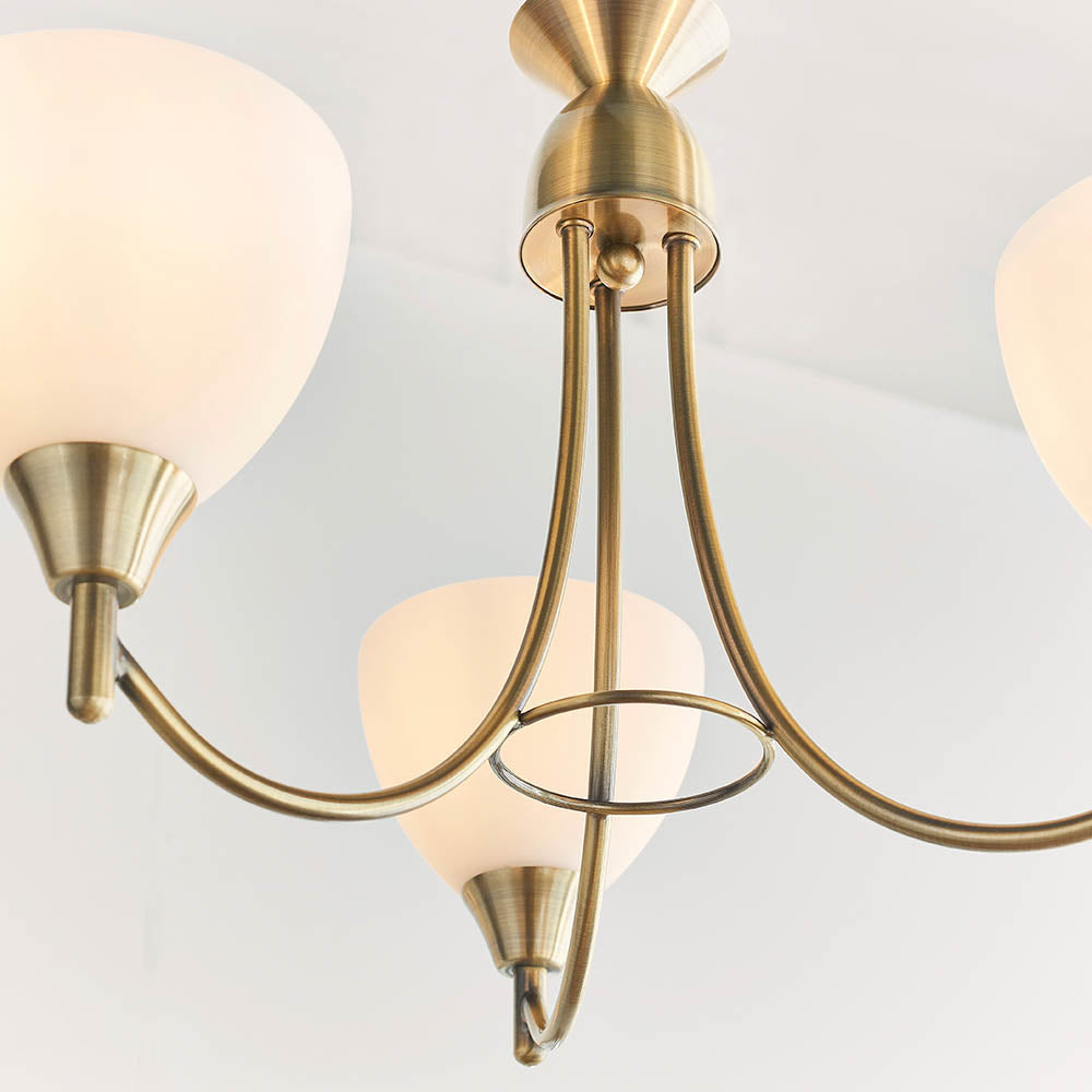 3 Light Ceiling Pendant Semi Flush Fitting with Opal Glass Shades | E27 | Antique Brass