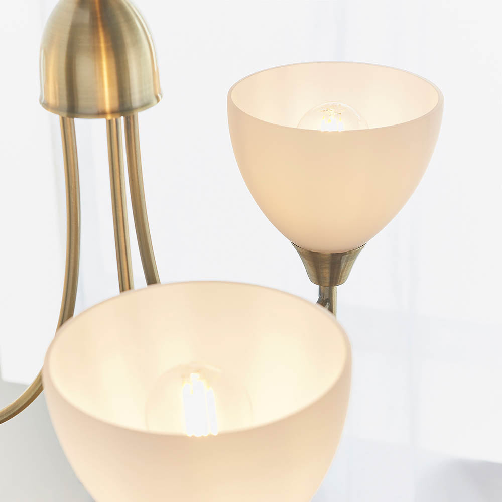 3 Light Ceiling Pendant Semi Flush Fitting with Opal Glass Shades | E27 | Antique Brass