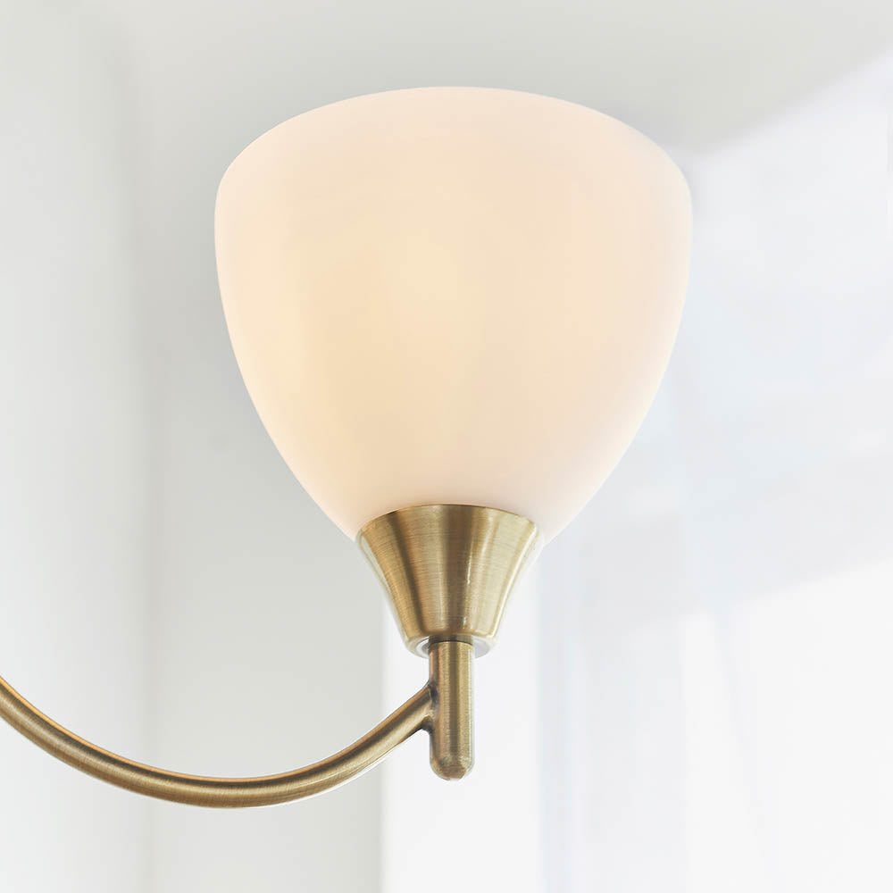 3 Light Ceiling Pendant Semi Flush Fitting with Opal Glass Shades | E27 | Antique Brass