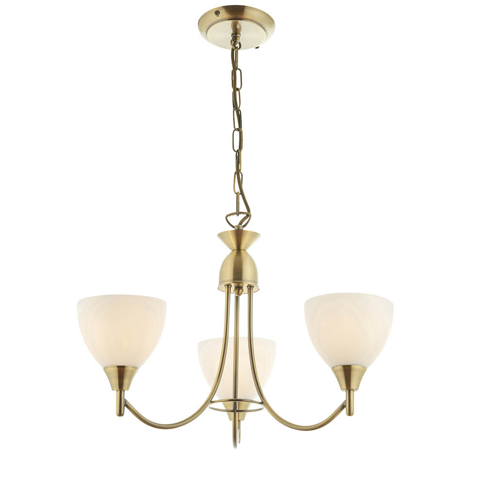 3 Light Ceiling Pendant Semi Flush Fitting with Opal Glass Shades | E27 | Antique Brass