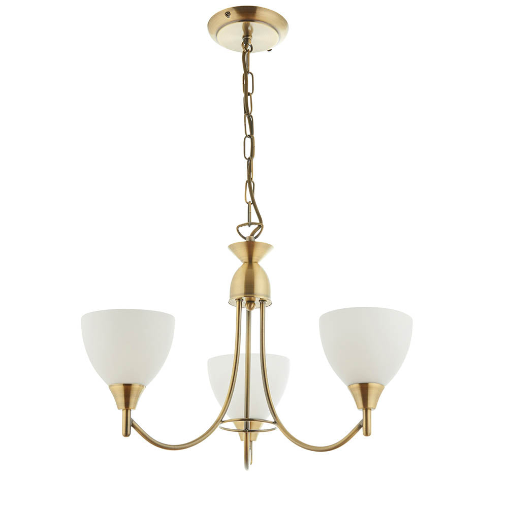 3 Light Ceiling Pendant Semi Flush Fitting with Opal Glass Shades | E27 | Antique Brass