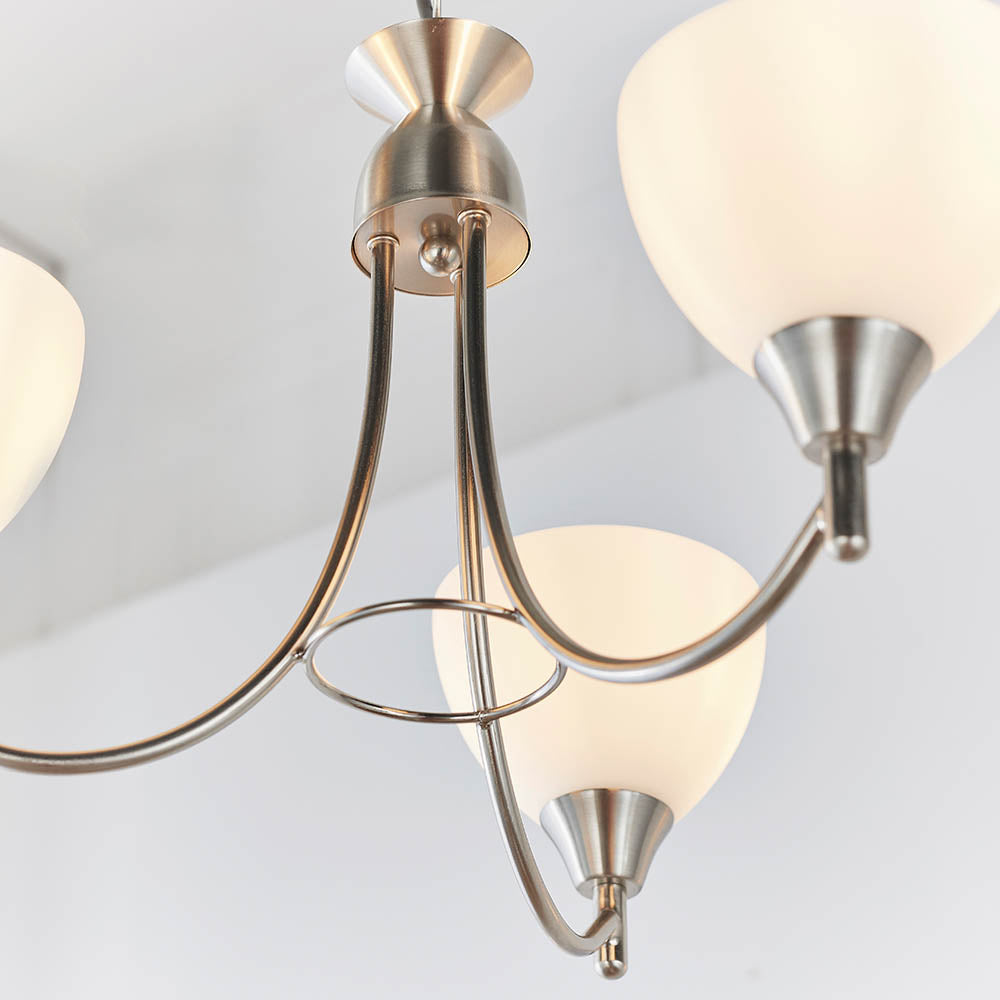 3 Light Ceiling Pendant Semi Flush Fitting with Opal Glass Shades | E27 | Satin Chrome