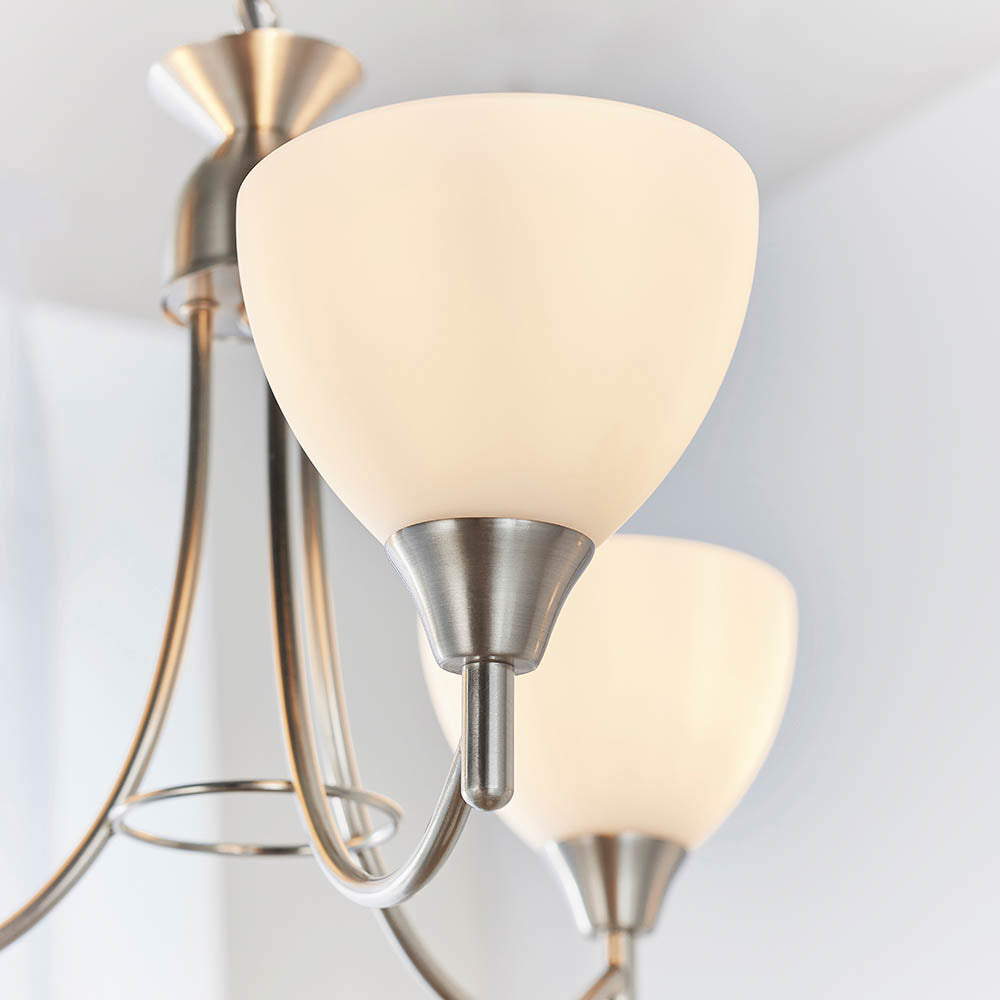 3 Light Ceiling Pendant Semi Flush Fitting with Opal Glass Shades | E27 | Satin Chrome