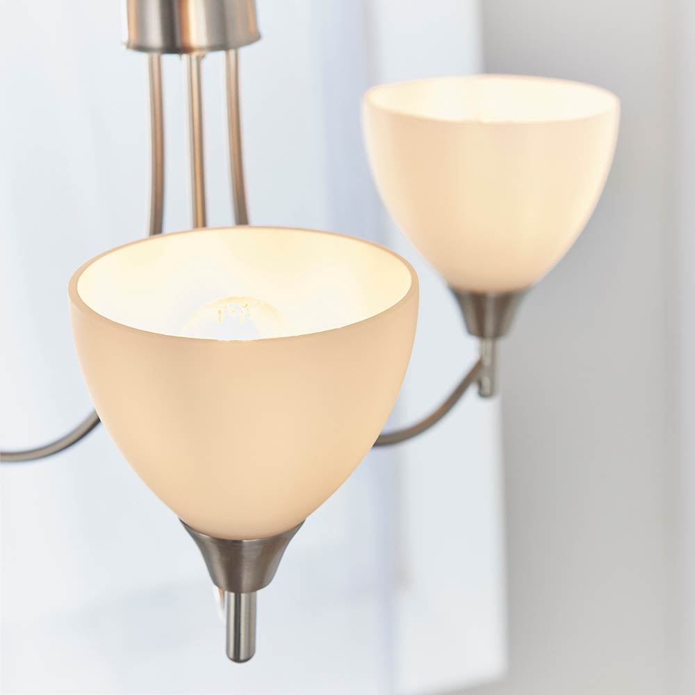 3 Light Ceiling Pendant Semi Flush Fitting with Opal Glass Shades | E27 | Satin Chrome