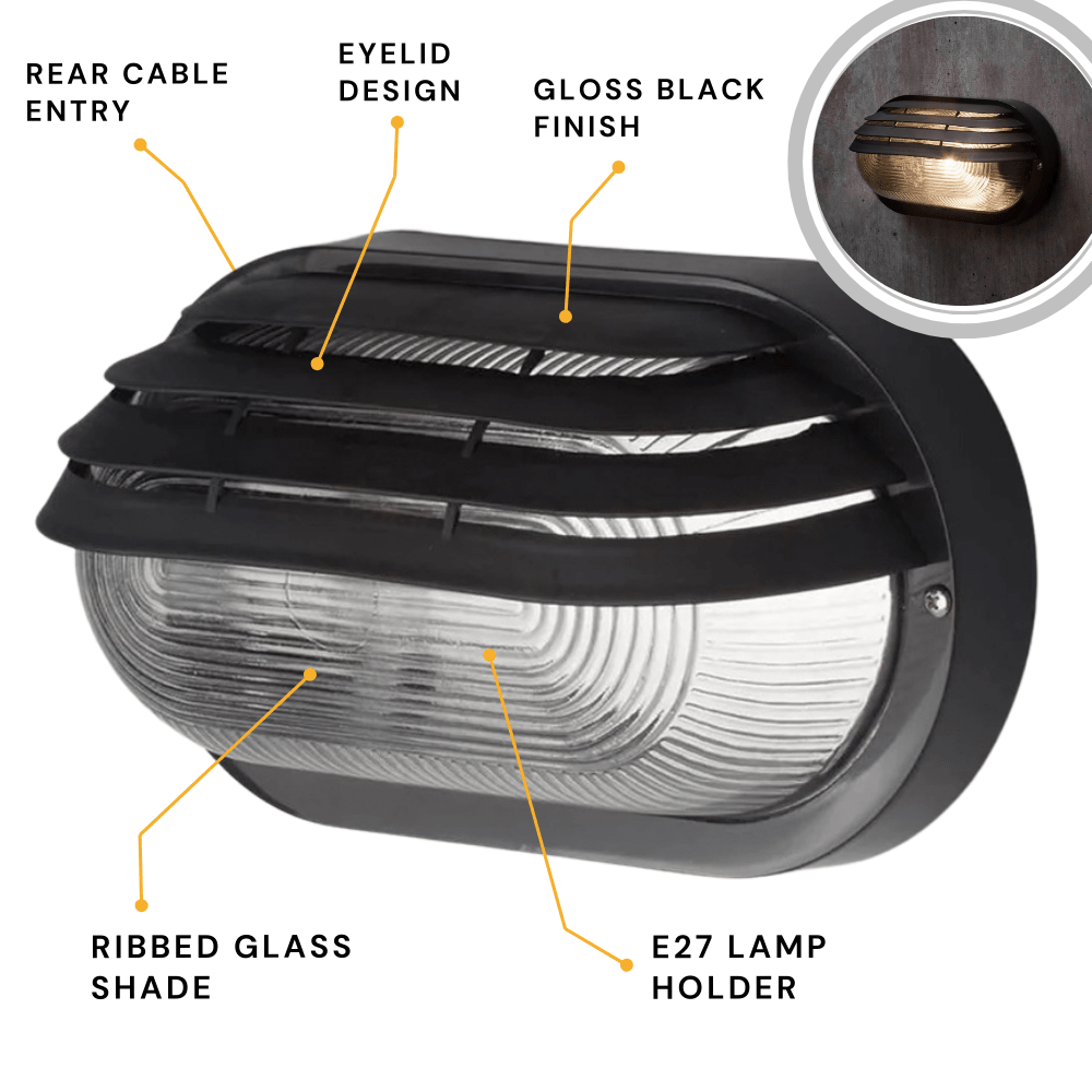 PUCK | Oval Bulkhead Outdoor Glass Wall Light Fitting | E27 | IP44 | Black Caged - LightHub Direct