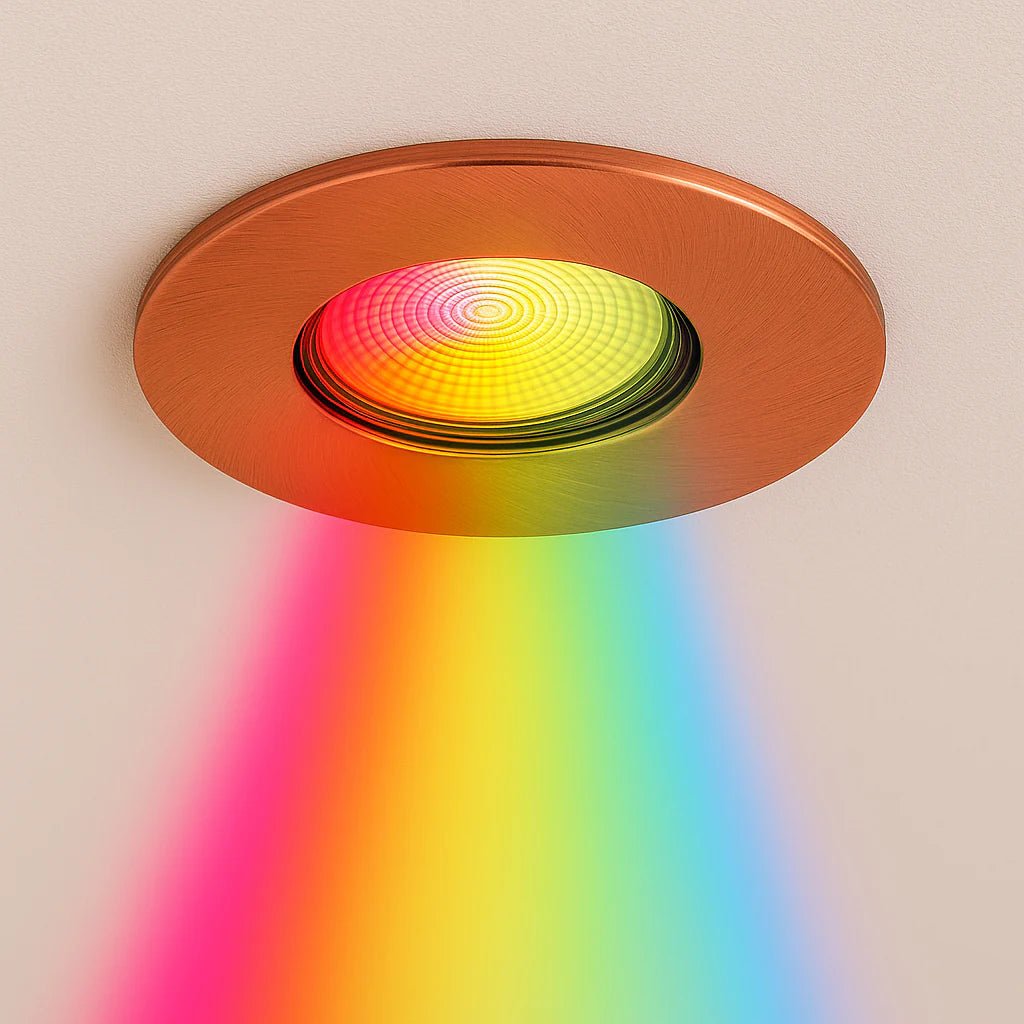 Smart WiFi RGB+CCT Fire Rated Downlight | Alexa & Google | GU10 IP65 | Brushed Copper - LightHub Direct