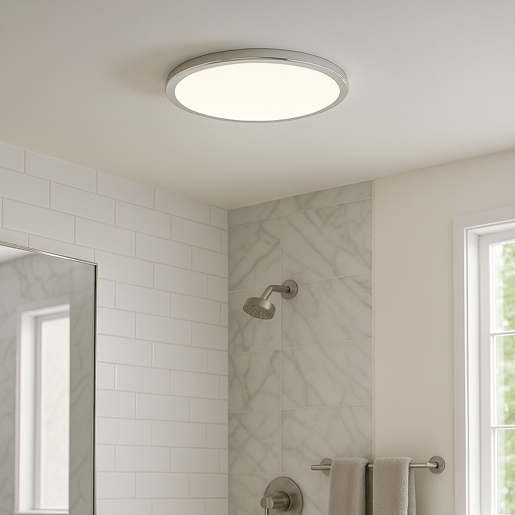 CCT Slim Low Profile Circular Flush Ceiling Corridor Bathroom Kitchen Light | 12W LED 1200lm | IP54 | Chrome - LightHub Direct