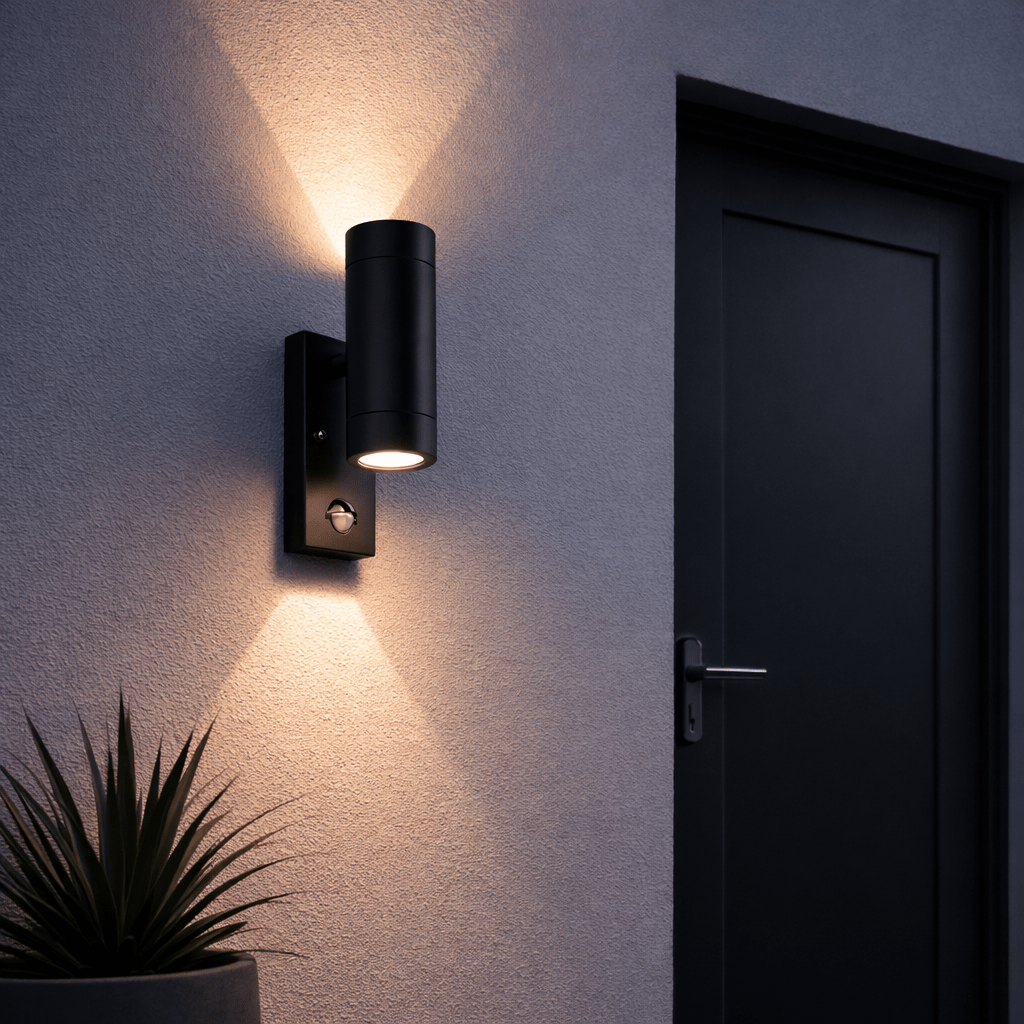 KEW Up / Down Outdoor Stainless Steel Garden Porch Wall Light | GU10 | IP44 | PIR Motion Sensor | Matte Black - LightHub Direct
