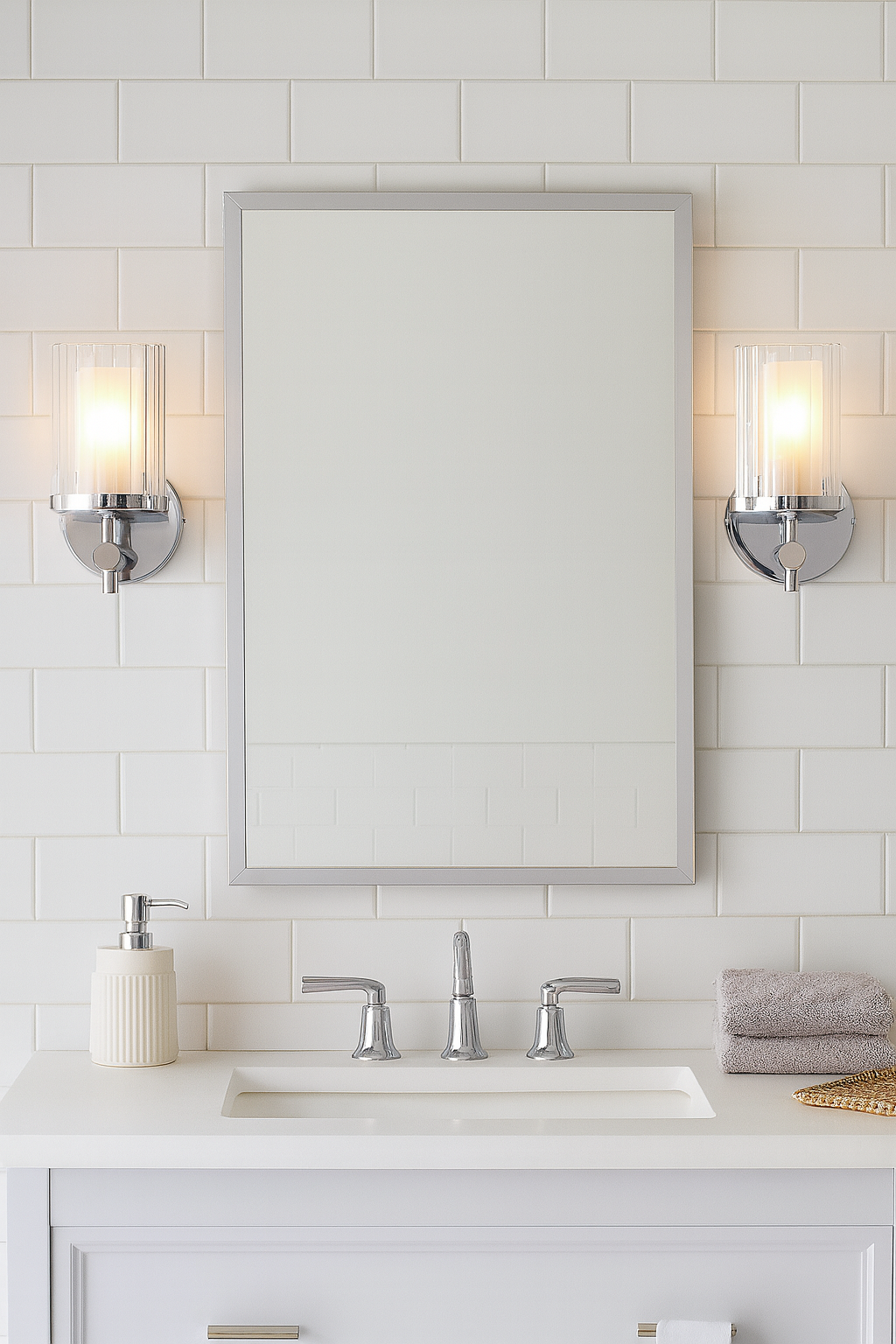 Bathroom with white tiled wall, mirror, sink, and lighting fixtures.