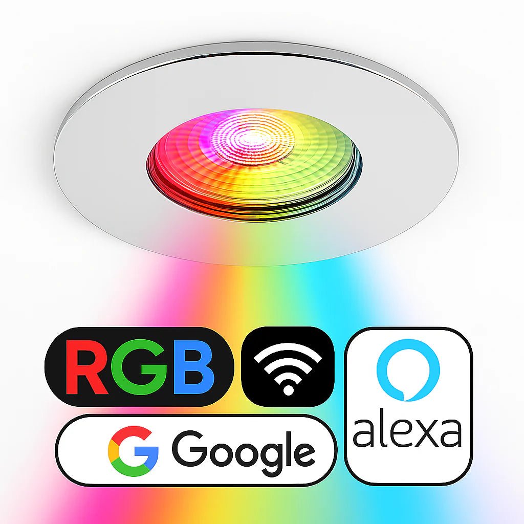 Smart WiFi RGB+CCT Fire Rated Downlight | Alexa & Google | GU10 IP65 | Polished Chrome - LightHub Direct