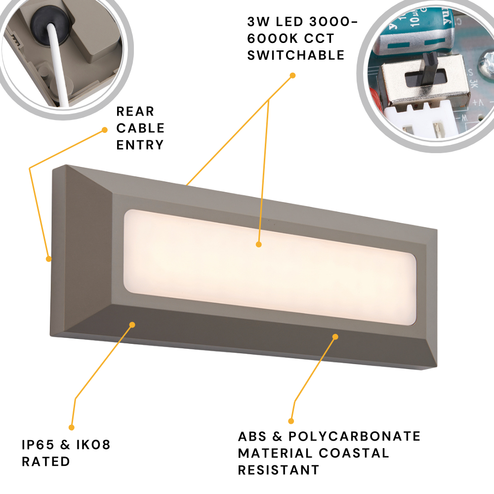 SEVERUS | Outdoor Surface Wall Brick Light | LED | IP65 | CCT Tri-Colour Switchable | Grey