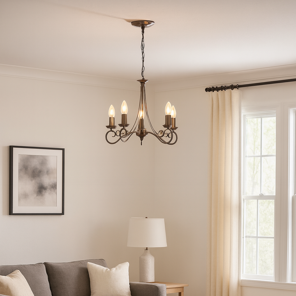 Living room with gray sofa, round wooden coffee table, and chandelier.