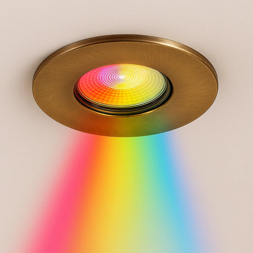 Smart WiFi RGB+CCT Fire Rated Downlight | Alexa & Google | GU10 IP65 | Antique Brass - LightHub Direct